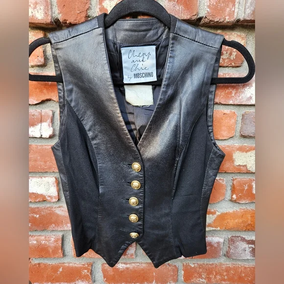 Moschino Cheap and Chic Black Leather & Stretch Vest with Gold Buttons Vintage